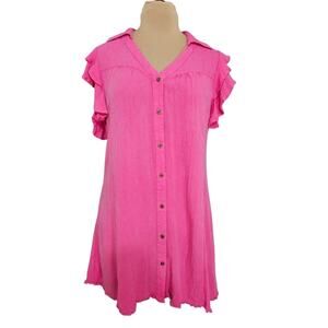 Umgee Pink Ruffled Women's Tunic Dress Womens Large Button Front Ruffle Sleeve